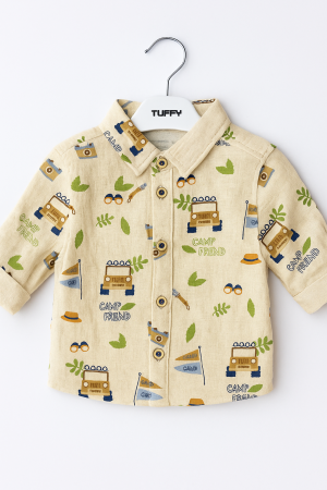 Erkek Bebek Kamp Temalı Takım – Desenli Gömlek & Lacivert Pantolon